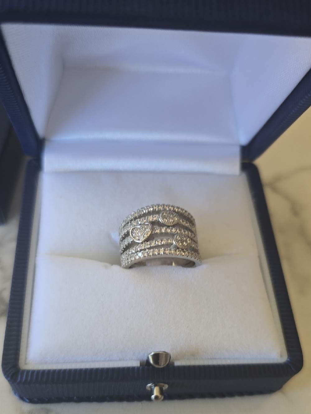 925 Silver Multi-Row CZ Heart Accent Ring - Women's Jewelry Size 5